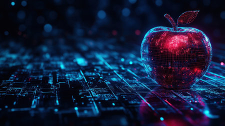A striking digital apple glows with neon red and blue hues, set against a futuristic circuit pattern background, embodying innovation and technology.の素材