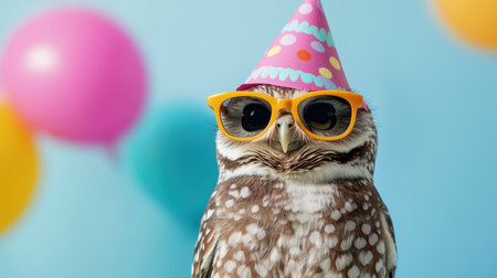 This charming owl dons a party hat and sunglasses, embodying the spirit of celebration. Perfect for birthday themes, fun events, and whimsical designs.の素材