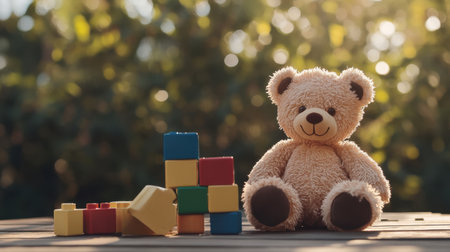 Adorable teddy bear sitting next to vibrant building blocks in a sunny outdoor setting. A perfect representation of childhood joy and creativity.の素材