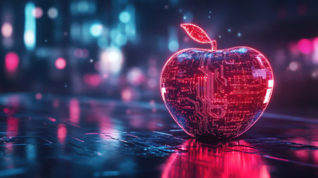 A striking digital apple showcasing intricate circuit patterns in a vibrant neon ambiance. The reflection on the surface adds a modern touch, embodying innovation.の素材