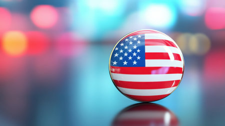 This image features a glossy 3D sphere adorned with the American flag, set against a vibrant and colorful blurred background, symbolizing patriotism and unity.の素材