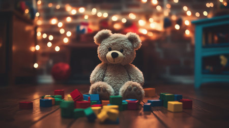 Adorable teddy bear sits among vibrant building blocks, creating a nostalgic and warm ambiance perfect for childhood memories and joyful moments.の素材