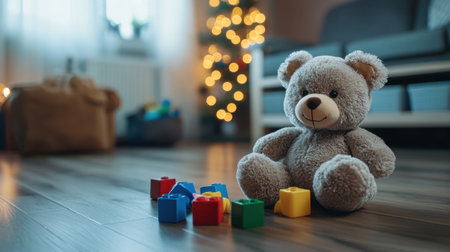 A charming living room scene featuring a soft plush bear surrounded by colorful building blocks. The ambiance is warm and inviting, perfect for childhood play and family moments.の素材