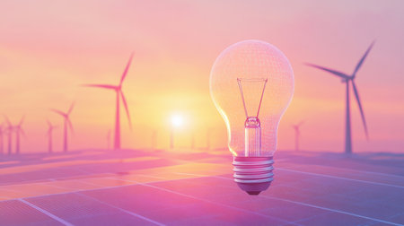 A glowing light bulb symbolizes renewable energy potential over a stunning landscape featuring solar panels and wind turbines at sunrise.の素材