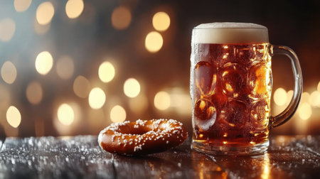 A beautifully crafted image of a frothy beer in a clear glass accompanied by a glazed donut. The dark wood table and bokeh background create a cozy atmosphere for gatherings.の素材