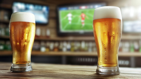 Two glasses of cold beer with foam sit on a wooden table in a sports bar. A TV broadcasts a lively game in the background, creating a festive atmosphere.の素材