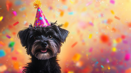 A joyful dog wearing a festive party hat celebrates a birthday party surrounded by vibrant confetti, capturing a moment of happiness and fun in a colorful setting.の素材