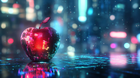 A vibrant digital apple glimmers with colorful lights against a blurred city backdrop, blending technology and nature in a modern artistic expression.の素材
