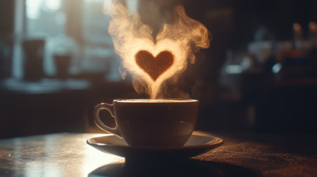 A steaming cup of coffee with love-shaped steam rises in a cozy cafe atmosphere, capturing the essence of warmth and comfort in a delightful setting.の素材