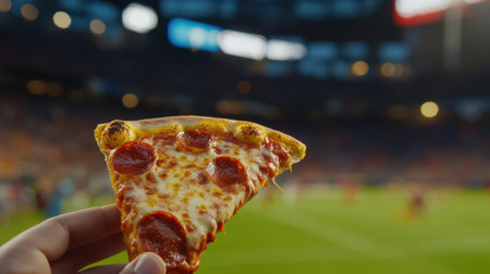A close-up shot of a hand holding a delicious slice of pepperoni pizza in a vibrant sports event atmosphere, perfect for showcasing food enjoyment during games.の素材