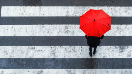 A top view image of a person holding a vibrant red umbrella while walking on a wet striped crosswalk. The scene captures the essence of urban life during rainy weather.の素材