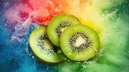 Vibrant kiwi slices are surrounded by splashes of water, creating a lively atmosphere. The colorful background enhances the freshness of this tropical fruit, ideal for health and nutrition themes.の素材