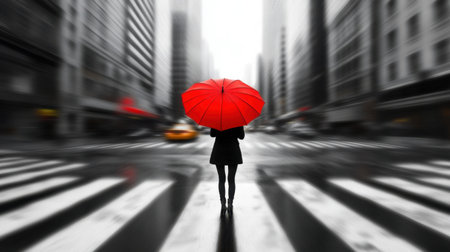 A woman stands alone on a city street, holding a vibrant red umbrella against a blurred urban backdrop. The scene captures a moment of solitude amidst the rain, showcasing striking contrast and emotion.の素材