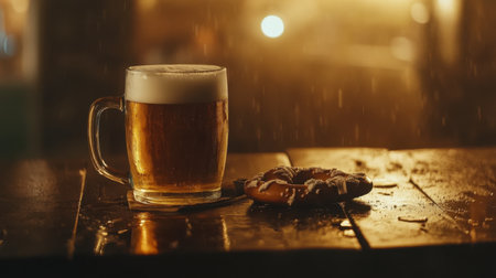 A cozy scene featuring a frothy beer mug beside a sweet pastry on a rustic wooden table, highlighting warmth and indulgence in a relaxed atmosphere.の素材