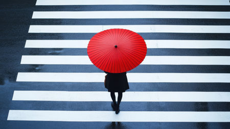 A woman stands still under a bright red umbrella, amidst a black and white striped crosswalk. The scene captures a tranquil moment, showcasing the beauty of urban life in the rain.の素材
