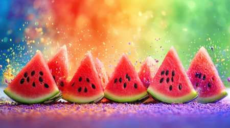 Featuring fresh watermelon slices in vibrant colors, this image captures the essence of summer. The lively rainbow splashes create a playful atmosphere, perfect for food-themed content.の素材