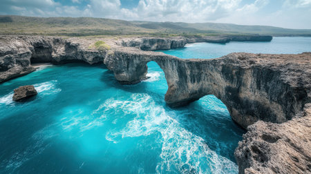 A stunning coastal view featuring a natural rock arch against a turquoise sea, framed by rugged cliffs and drifting clouds, perfect for nature enthusiasts.の素材