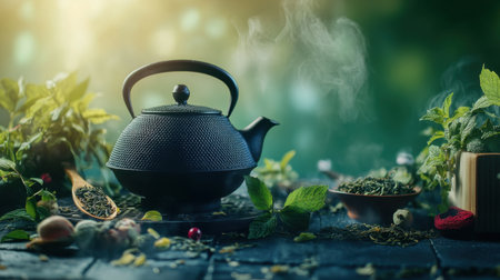 A beautifully crafted black tea kettle sits among fresh herbs, releasing aromatic steam. This rustic scene captures the essence of peaceful brewing and natural wellness.の素材