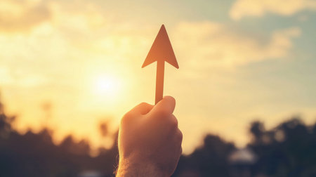 A hand holds an arrow sign against a stunning sunset sky, symbolizing guidance and direction. This image inspires motivation and exploration.の素材