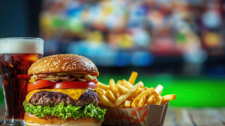 A mouthwatering burger stacked with fresh ingredients, served alongside golden fries and a refreshing soda, perfect for fast food lovers.の素材