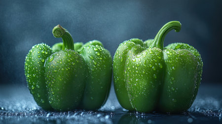 Two fresh green bell peppers glisten with water droplets against a dark background, showcasing their vibrant color and freshness, ideal for healthy cooking and food photography.の素材