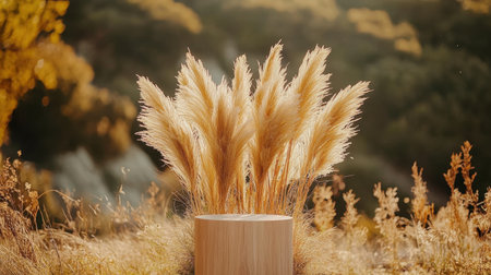 Captivating pampas grass arrangement in a wooden vase captures the beauty of nature. The warm sunlight creates a serene and stylish atmosphere, perfect for decor.の素材