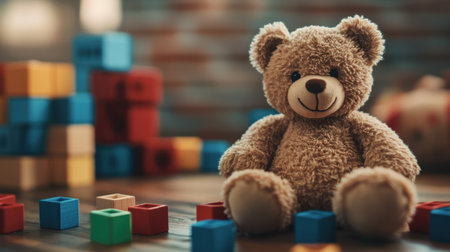 A soft teddy bear sits amidst a collection of colorful building blocks on a wooden floor, evoking feelings of joy and creativity in a cozy indoor space.の素材