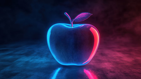 A stunning neon representation of a bright red apple with a green leaf, glowing in vivid colors against a dark background, emphasizing freshness and modern aesthetics.の素材