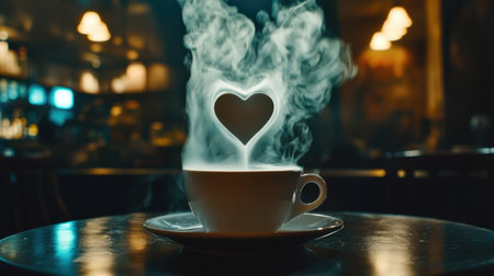 A visually striking coffee cup emits heart-shaped steam, creating a romantic and cozy ambiance in a cafe. Ideal for themes of warmth and love.の素材