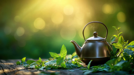A rustic teapot rests on a wooden surface, surrounded by fresh green leaves. Soft sunlight creates a warm, tranquil atmosphere, inviting relaxation and calm.の素材
