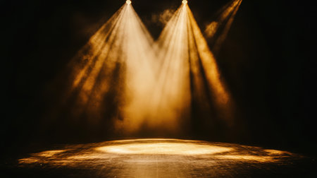 This image showcases dramatic stage lighting with golden tones and ethereal smoke, perfect for capturing the essence of performance art and entertainment atmosphere.の素材