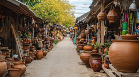 Explore a lively market street filled with colorful pottery and handcrafted items. The rustic charm showcases local artisans and inviting atmosphere perfect for visitors.の素材