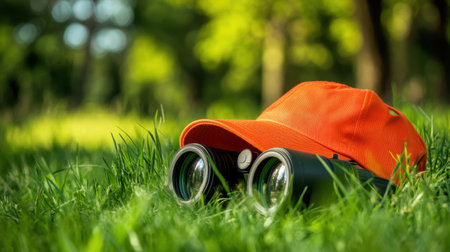 A vibrant orange cap rests beside binoculars on lush green grass. This image captures the essence of outdoor exploration and nature observation. Perfect for travel themes.の素材