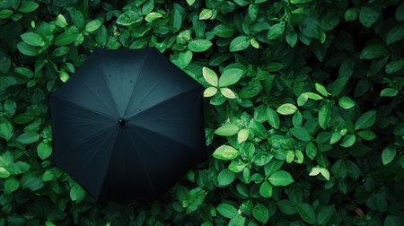 A striking black umbrella rests amidst a vibrant green foliage backdrop, evoking a sense of tranquility and connection to nature, perfect for nature-themed projects.の素材