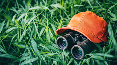 A vibrant orange hat sits beside a pair of binoculars, both nestled in lush green grass, capturing the essence of outdoor adventure and exploration.の素材