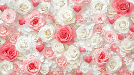 A beautiful arrangement of pink and white roses complemented by charming hearts. Ideal for romantic themes, weddings, or floral designs. Perfect backdrop.の素材