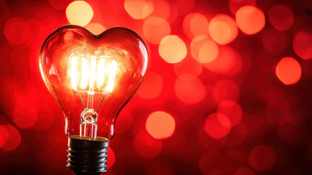 A glowing heart-shaped light bulb shines brightly against a vibrant red background, symbolizing love and warmth. Ideal for romantic themes and decorative purposes.の素材