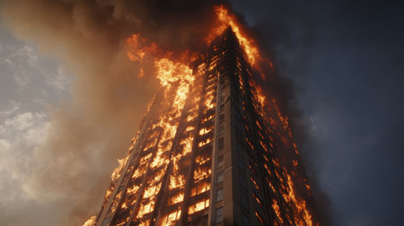A towering skyscraper engulfed in fierce flames and thick smoke during a dramatic fire. The scene captures the intensity and chaos of urban disasters at dusk.の素材