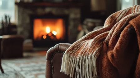 A serene living room scene featuring a soft blanket draped over a leather sofa, with a warm fireplace illuminating the inviting ambiance for relaxation.の素材