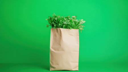 A brown paper bag filled with fresh green herbs sits against a vibrant green background. Perfect for culinary projects, healthy meals, and organic cooking.の素材