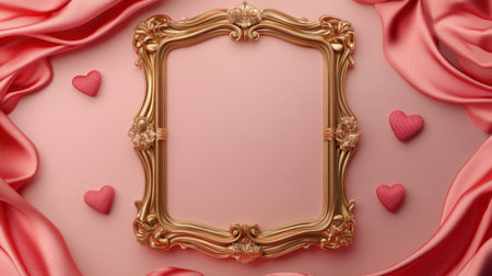 This elegant gold frame sits beautifully on soft pink fabrics, surrounded by charming hearts, perfect for romantic themes, celebrations, and creative displays.の素材