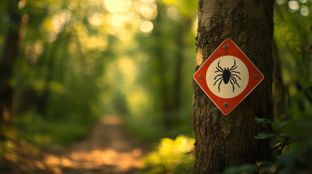 A vivid warning sign depicting a spider, attached to a tree in a tranquil forest. The serene setting highlights biodiversity and the need for caution while exploring nature.の素材