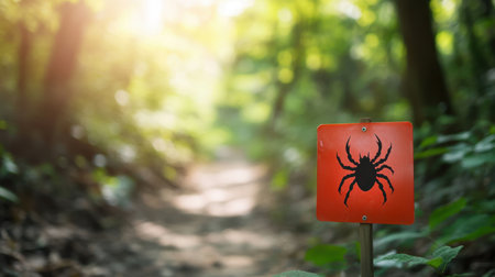 A bright orange warning sign featuring a crawling insect silhouette stands in a lush forest pathway, signaling caution for outdoor enthusiasts exploring nature.の素材