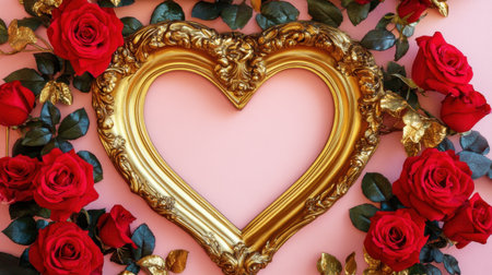 A beautiful heart-shaped gold frame surrounded by vibrant red roses against a soft pink background, perfect for love-themed designs and romantic events.の素材
