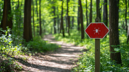 A serene forest path features a prominent warning sign about insects and wildlife hazards, highlighting the natural beauty and safety awareness in the great outdoors.の素材