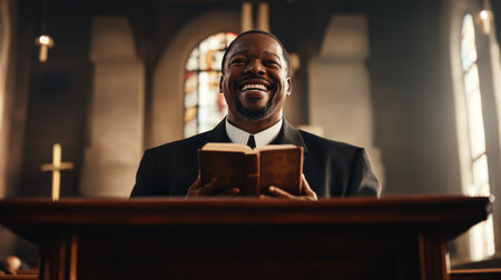 A joyful man reading a book in a church setting, surrounded by beautiful stained glass windows. The warm light creates a spiritual and uplifting atmosphere.の素材