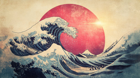 A stunning illustration capturing powerful ocean waves beneath a vibrant sunset with a mountain backdrop, evoking feelings of nature and tranquility.の素材