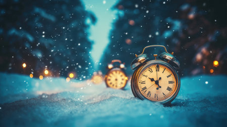 A mesmerizing winter scene featuring vintage alarm clocks resting in soft snow, surrounded by a tranquil forest. The soft bokeh lights create a nostalgic atmosphere.の素材