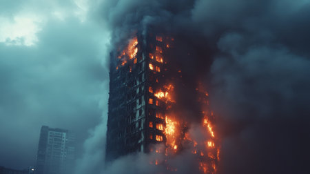 A high-rise building is engulfed in flames, with smoke billowing ominously. The scene captures the intensity of a raging fire, illuminating the dark sky.の素材