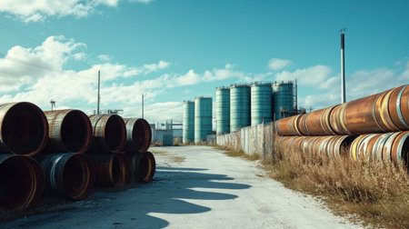 A captivating industrial landscape featuring storage tanks and rusty pipes under a bright blue sky. The scene emphasizes the rugged nature of industrial facilities.の素材